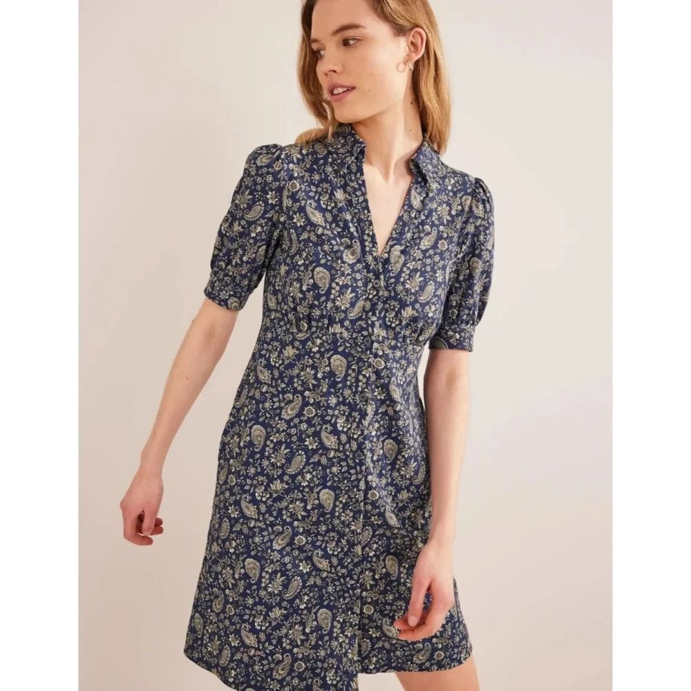 Boden Button Mini Tea Dress Paisley 8P Cottagecore Romantic British Country Prep
